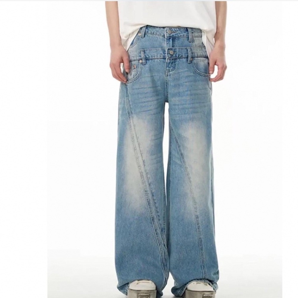 Zara Asymmetrical Wide Leg Double Waistband Jeans Women Size 6 Blue Excellent